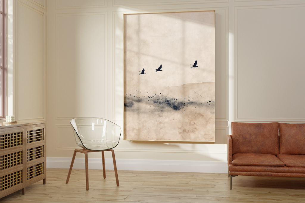 Japandi Calm Blue Birds Print