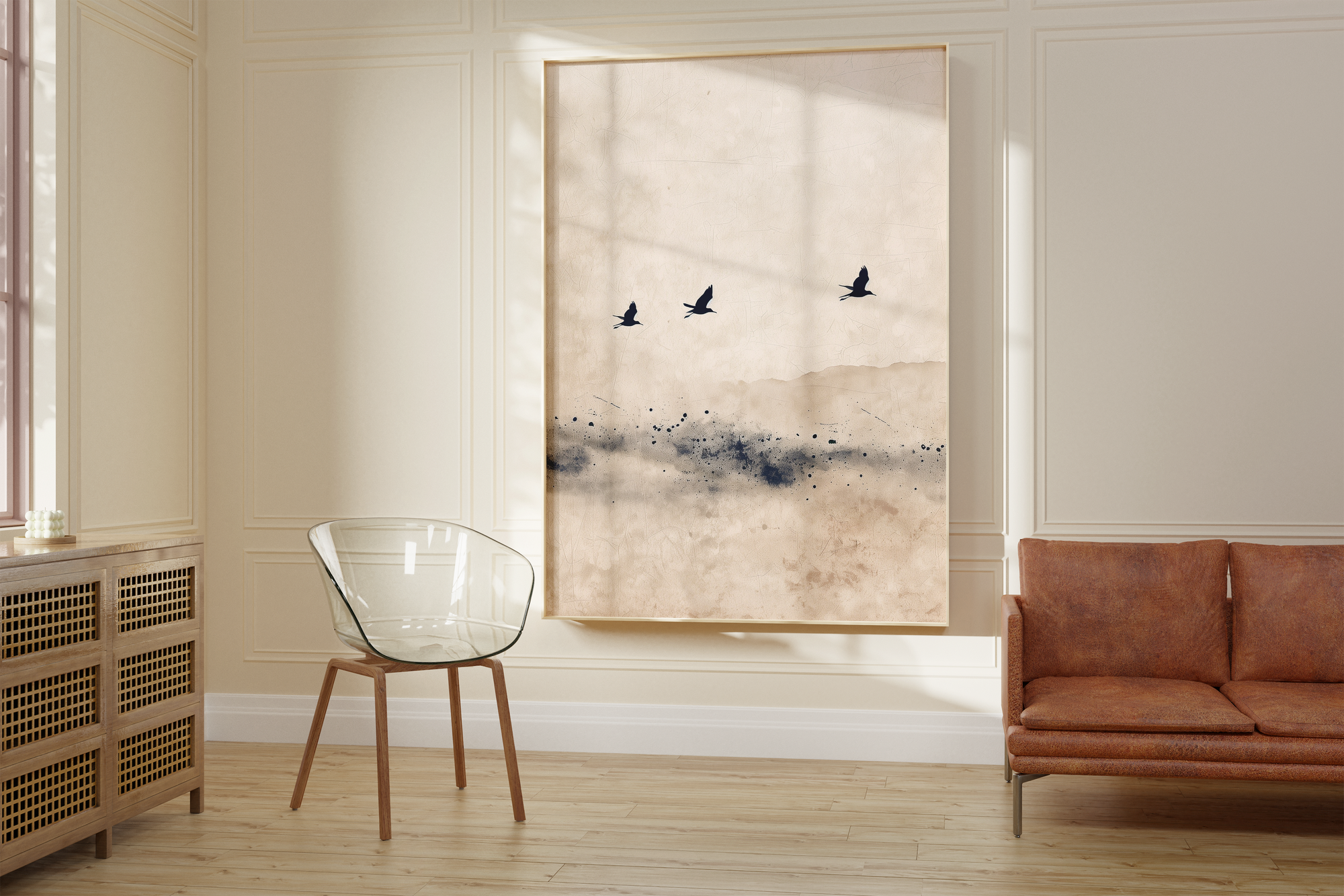 Japandi Calm Blue Birds Print