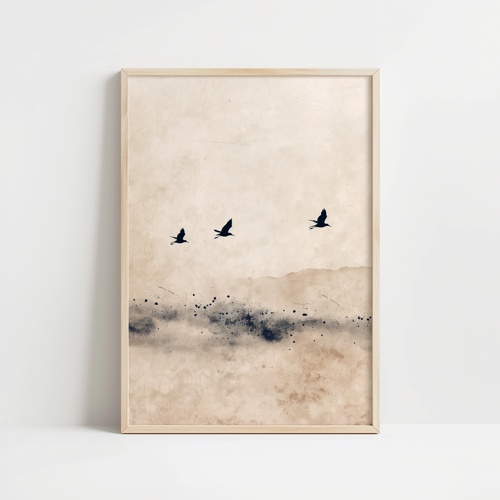 Japandi Calm Blue Birds Print
