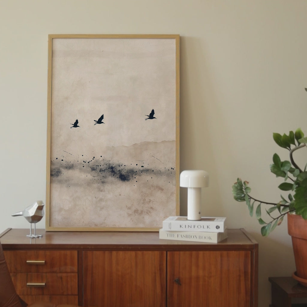 Japandi Calm Blue Birds Print